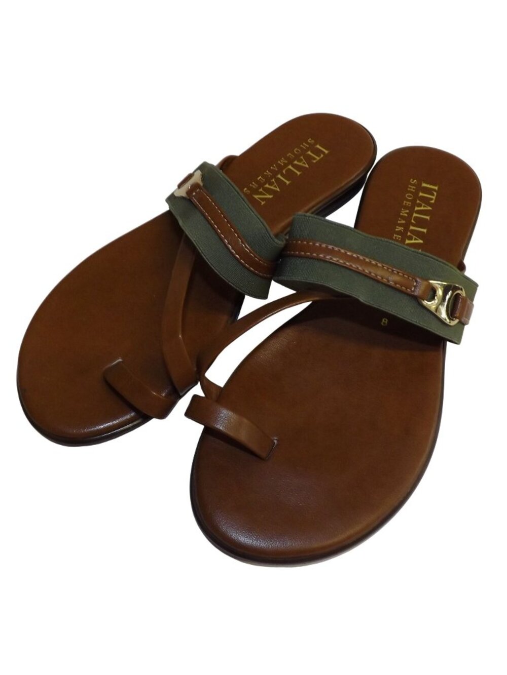 Italian Shoemakers Brown Green Sandals Gold Buckle Women’s Size 8 Made In Italy